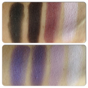 TOP ROW SWATCHES FROM LEFT TO RIGHT DEFINER,CREASE,EYELID,BROW BONE (FROM RIGHT SIDE OF THE PAN)   BOTTOM ROW SWATCHES FROM LEFT TO RIGHT DEFINER,CREASE,EYELID,BROW BONE (FROM LEFT SIDE OF THE PAN)  
