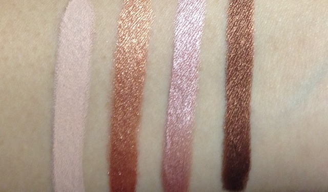 FROM LEFT TO RIGHT  ALMOND CREAM.GOLDEN BRONZE,CHAMPAGNE TOAST,BRONZE DELUXE